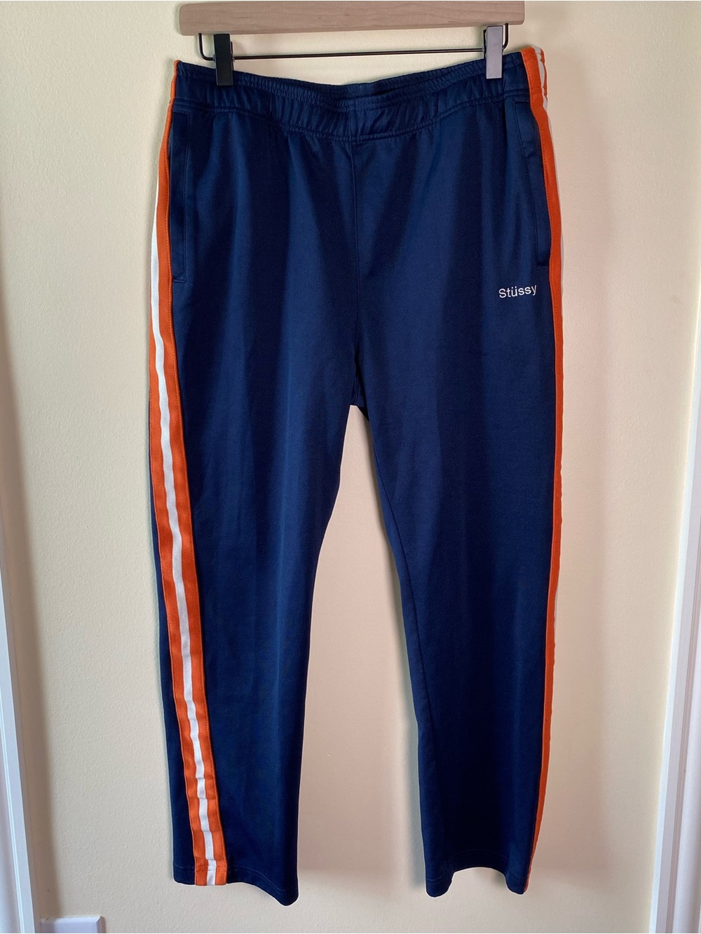 Stussy Men's Athletic Track Pants Navy Blue & Orange Stripe Size Medium